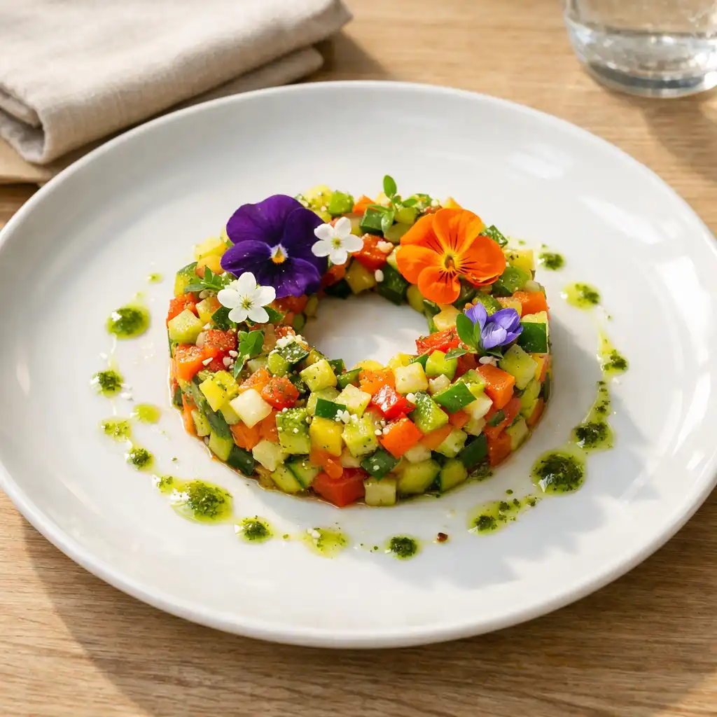 Entrée raffinée de tartare de légumes colorés avec fleurs comestibles