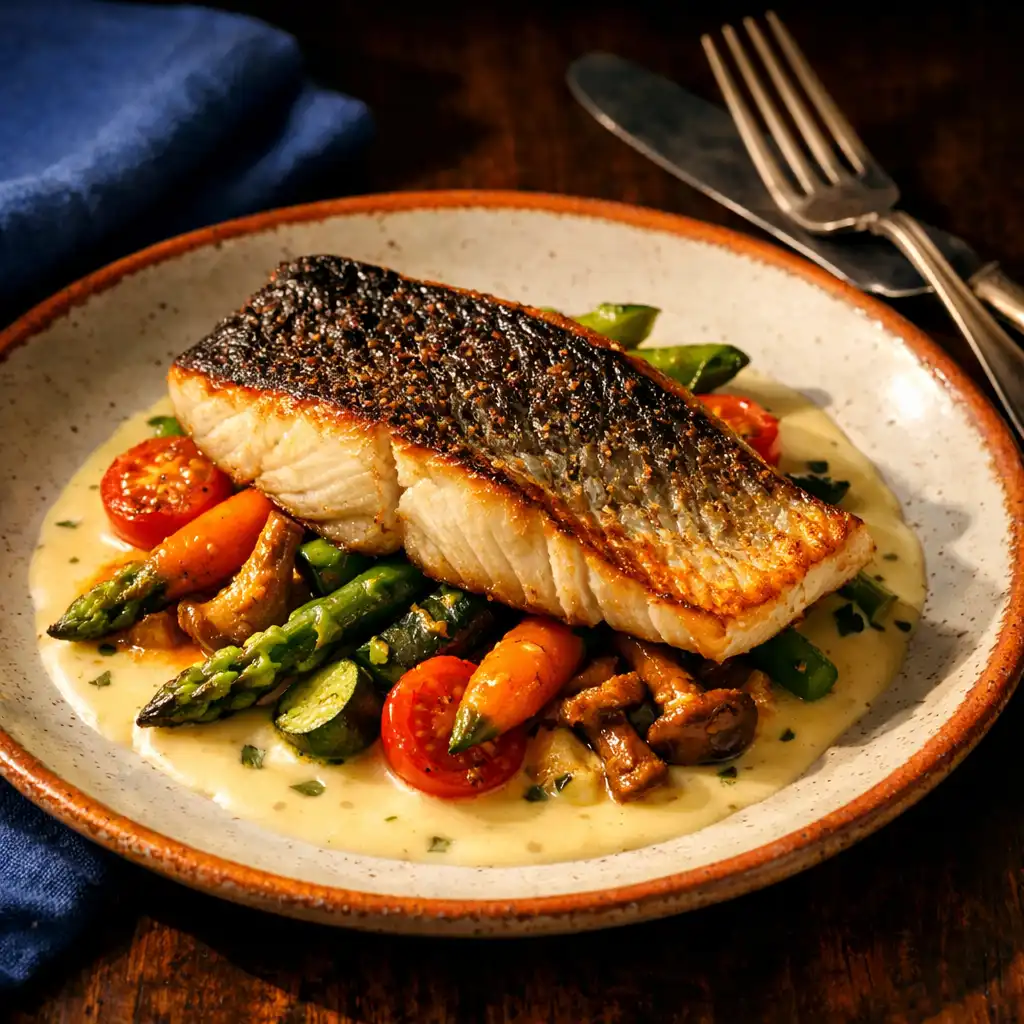 Plat principal de filet de poisson grillé sur lit de légumes de saison