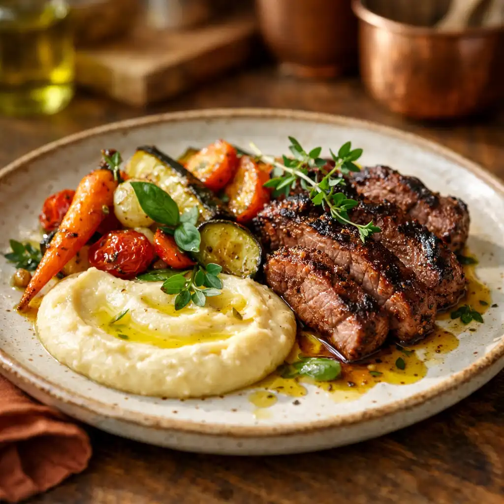 Plat contemporain dressé avec soin sur une assiette en céramique artisanale