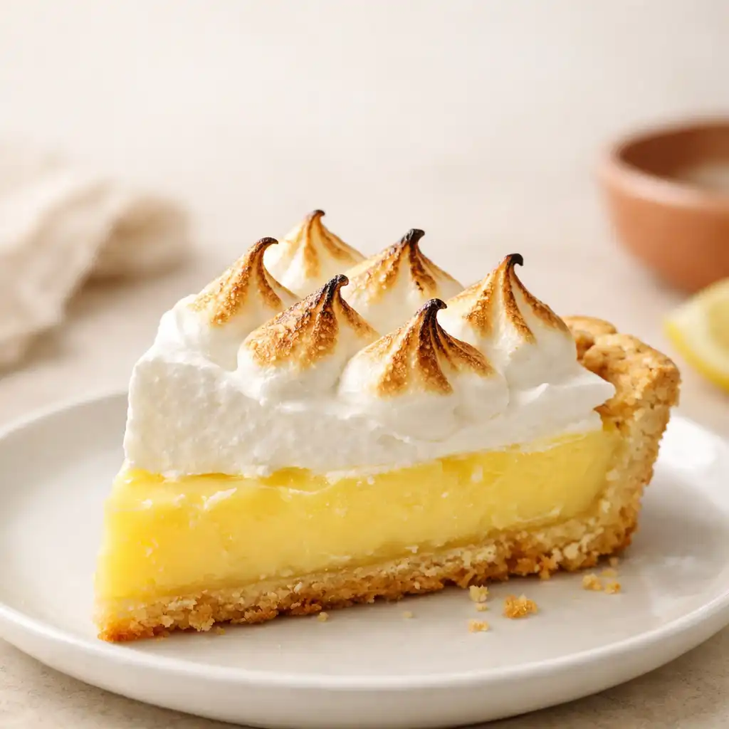 Part de tarte au citron meringuée avec meringue dorée, posée sur une assiette blanche