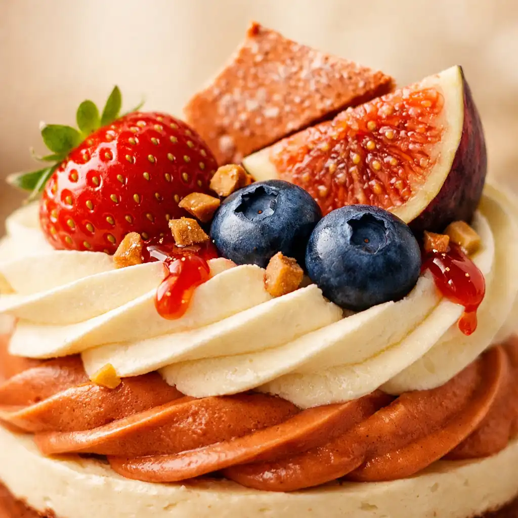 Dessert élégant en très gros plan, textures crémeuses et fruits frais