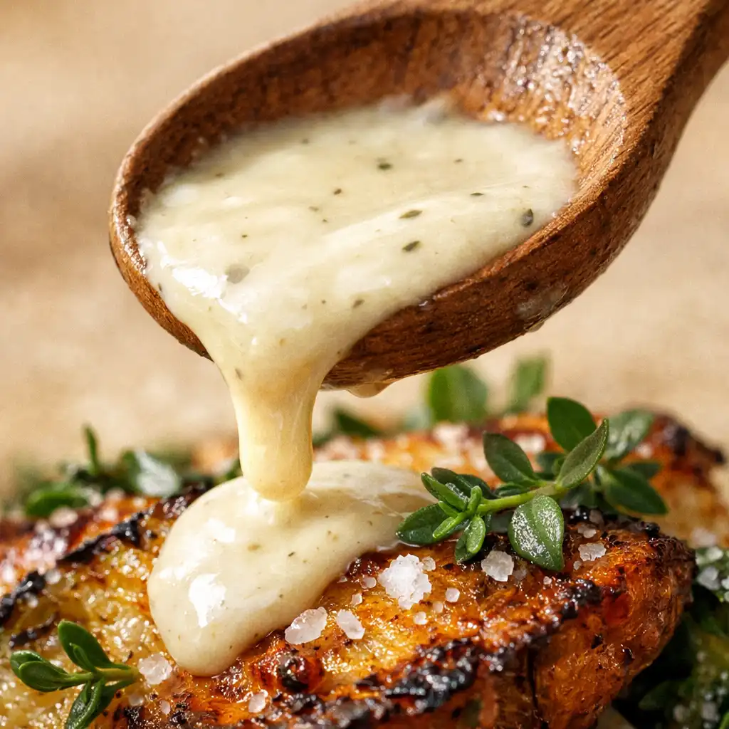 Très gros plan d'une cuillère en bois versant une sauce émulsionnée sur un légume rôti