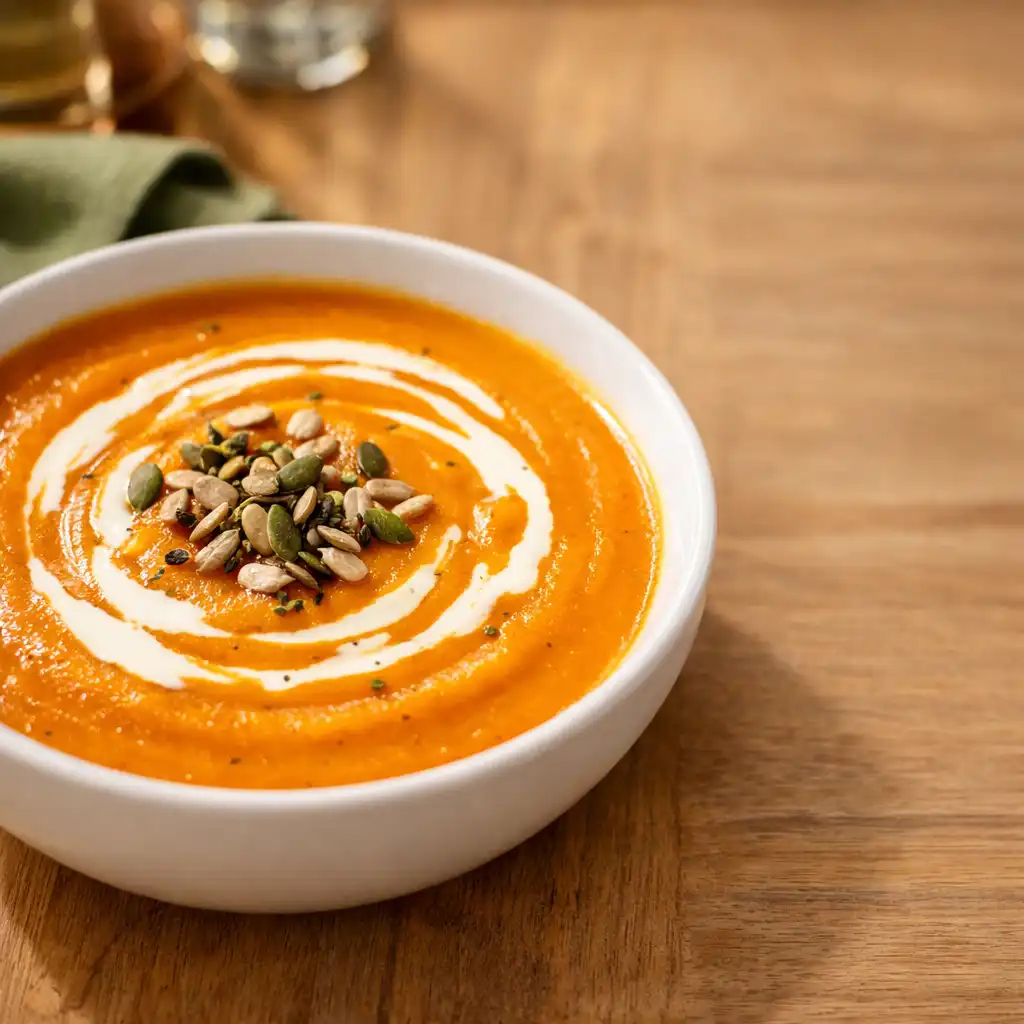 Velouté de courge avec touche de crème et graines torréfiées, posé sur une table en bois clair