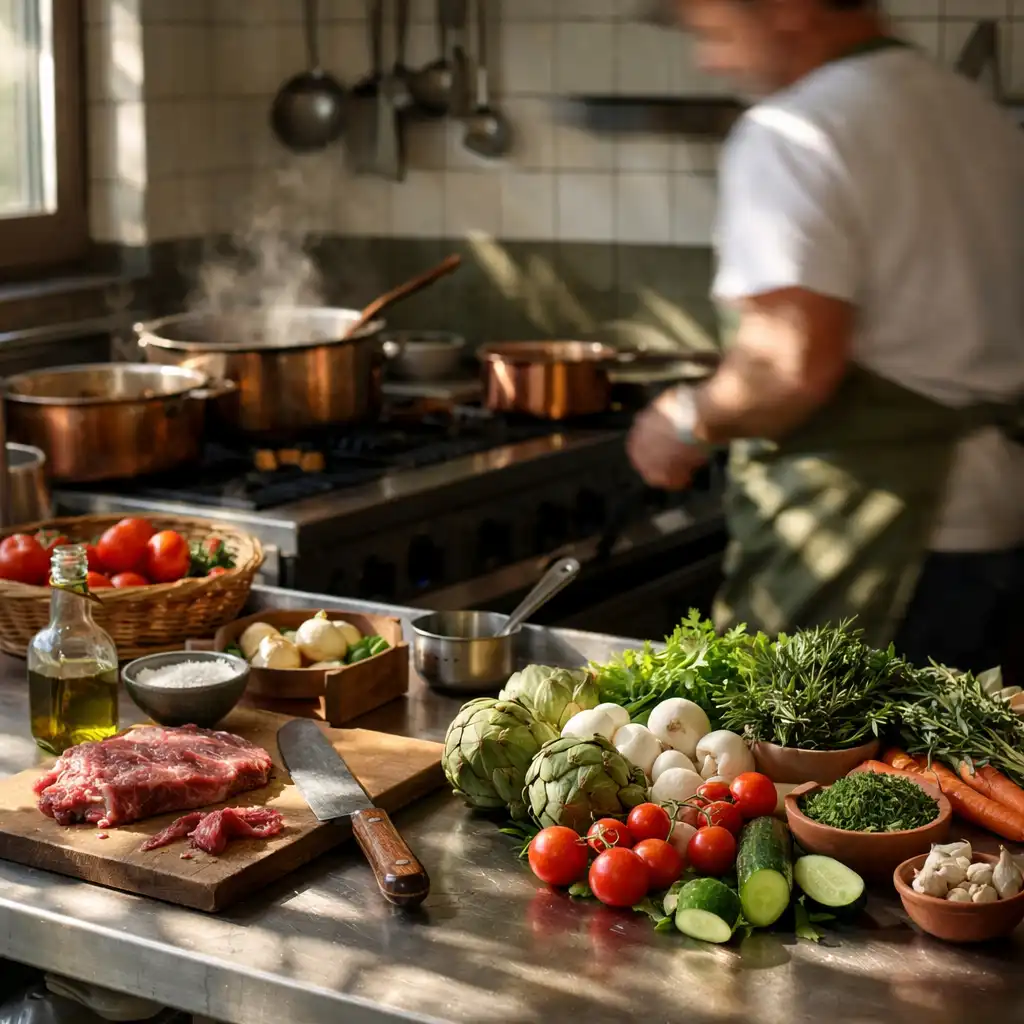 Cuisine de restaurant en action avec plan de travail et ingrédients frais