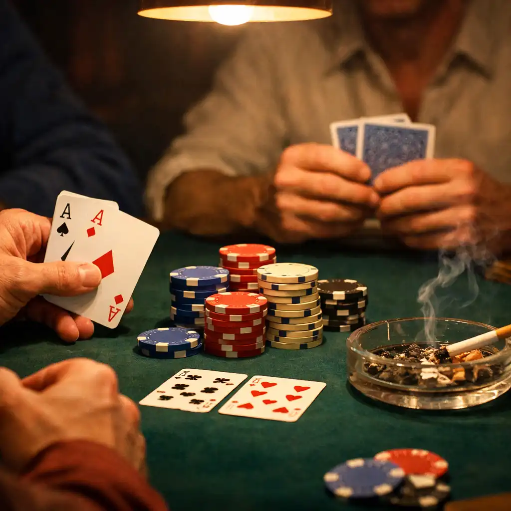Partie de poker en cours avec mains de joueurs, cartes et jetons