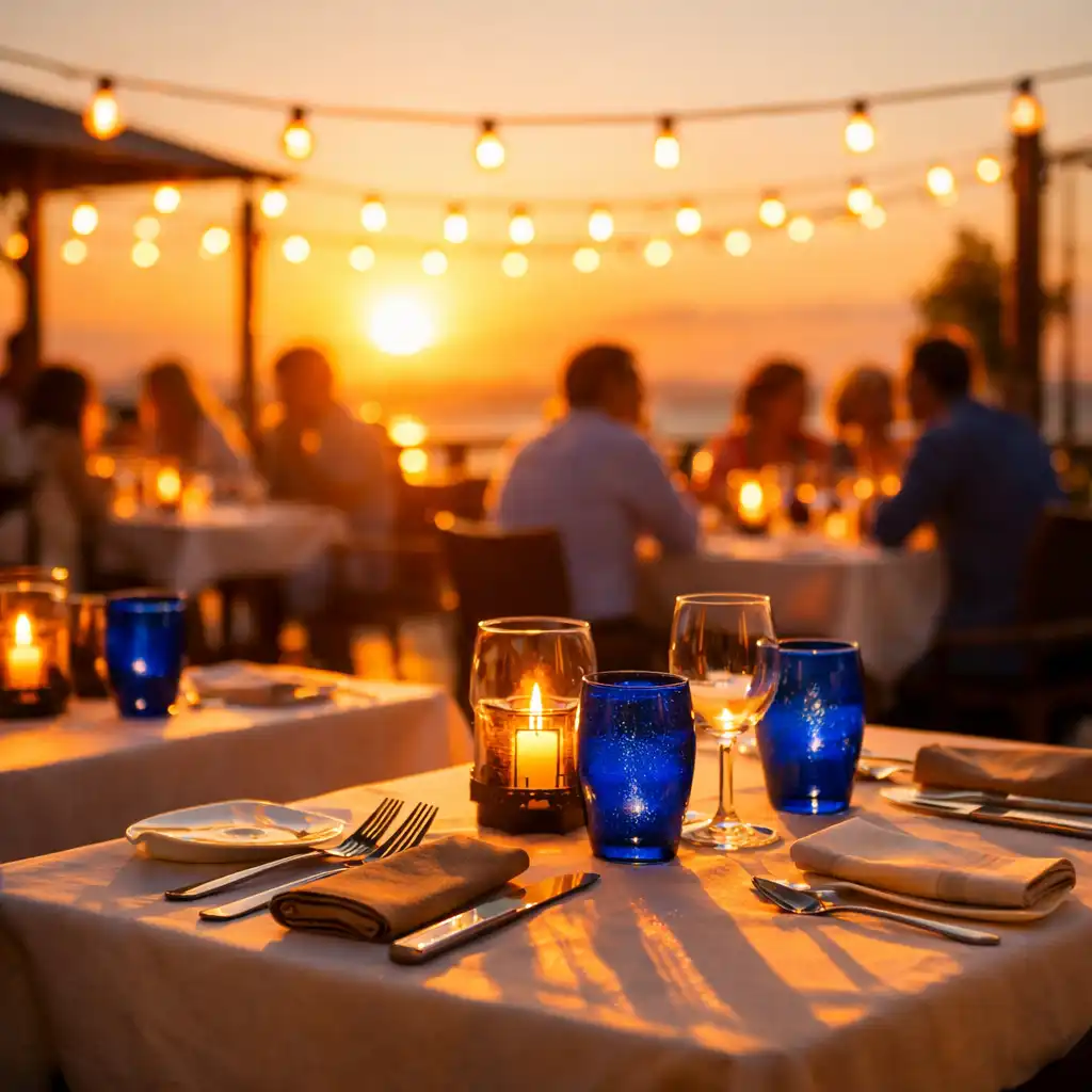 Terrasse du restaurant au coucher du soleil avec tables dressées et guirlandes lumineuses