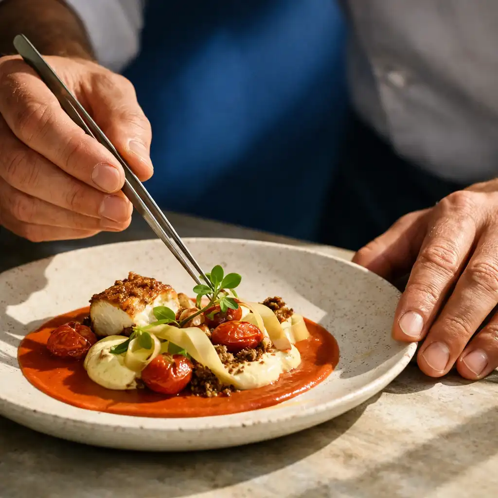Mains de cuisinier sans visage en train de dresser une assiette avec précision à l'aide d'une pince