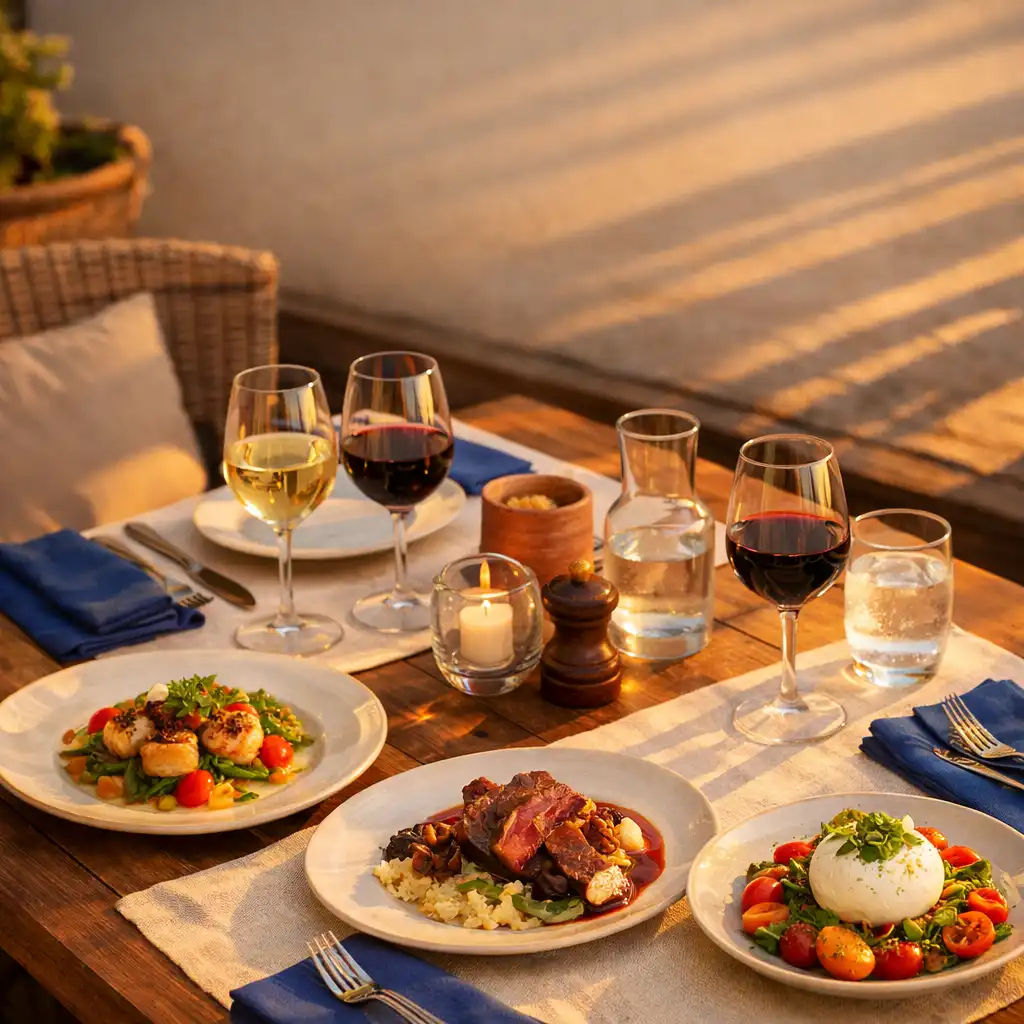 Table de restaurant élégamment dressée avec des plats contemporains et une lumière chaude de fin d'après-midi