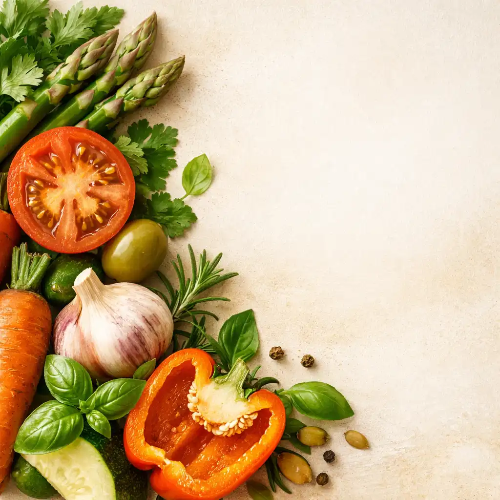 Ingrédients frais de saison en très gros plan, légumes colorés et herbes aromatiques