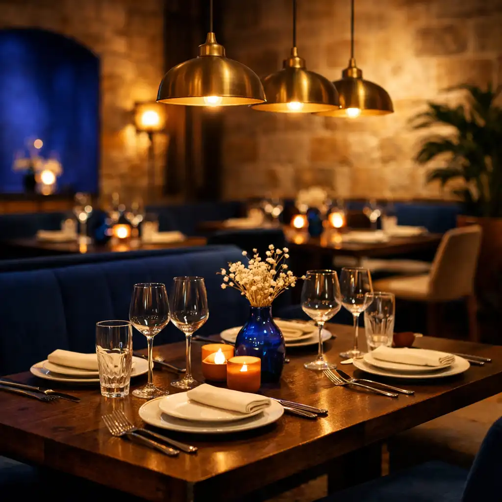 Intérieur de restaurant contemporain le soir avec éclairage tamisé et tables en bois sombre