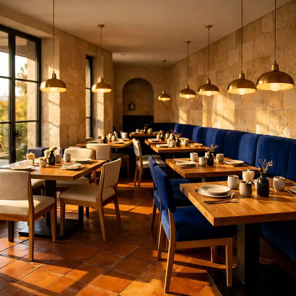 Salle principale de Terrasse Fauve baignée de lumière oblique