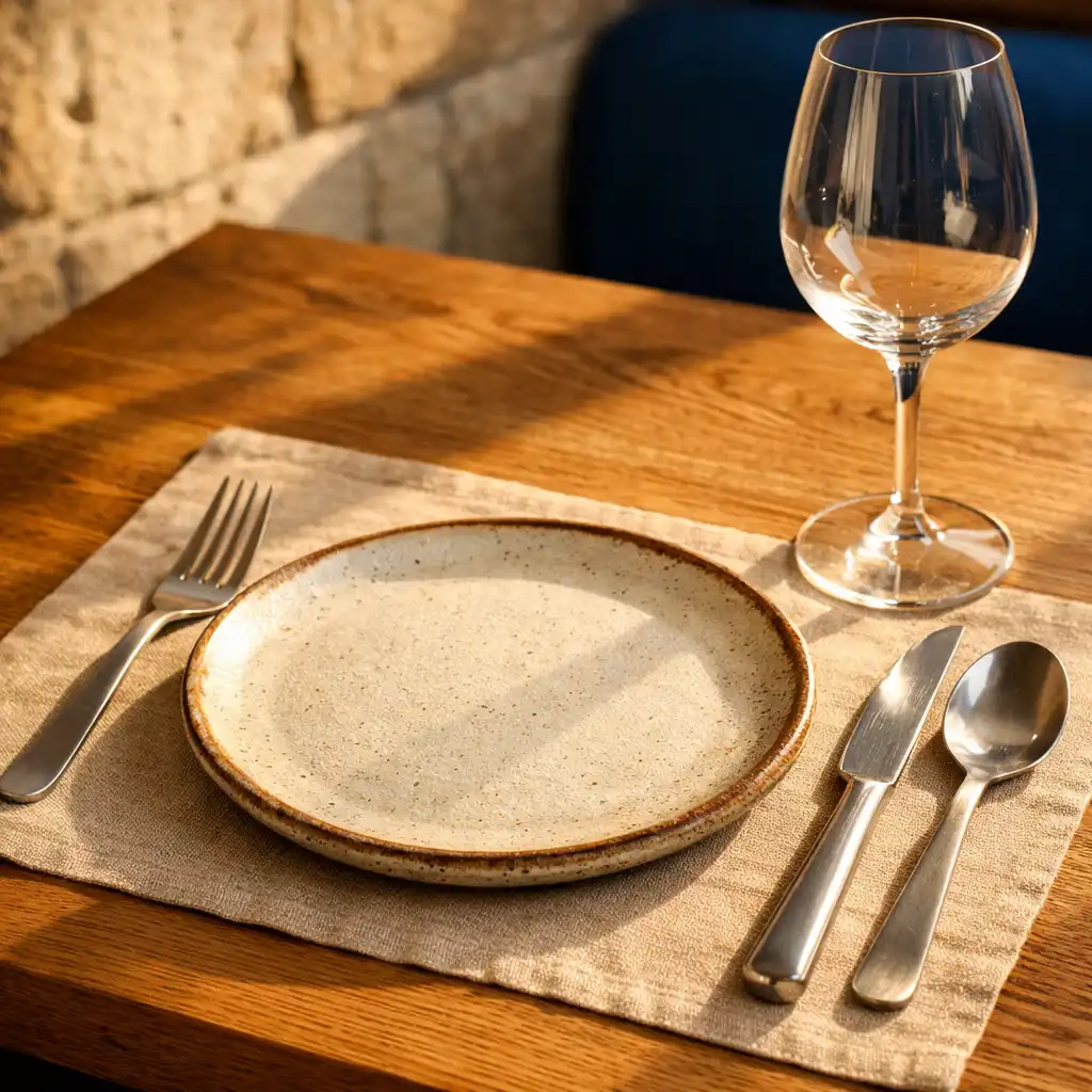 Table dressée en chêne massif avec assiette en grès et couverts