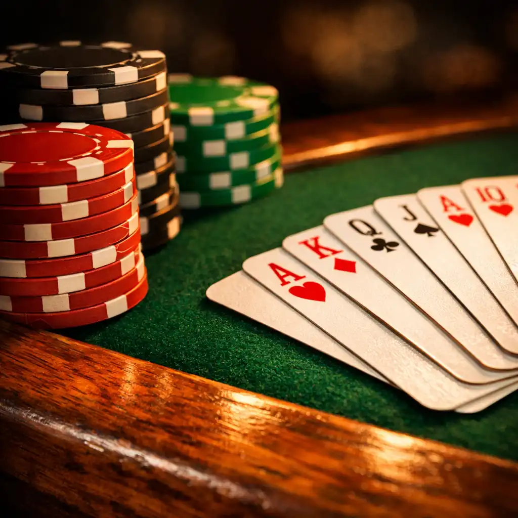 Détail d'une table de poker avec jetons et cartes