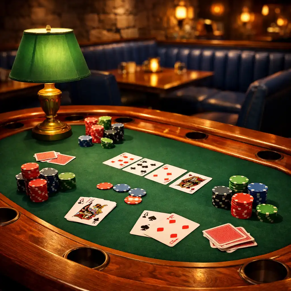 Table de poker physique en bois avec feutre vert, cartes et jetons