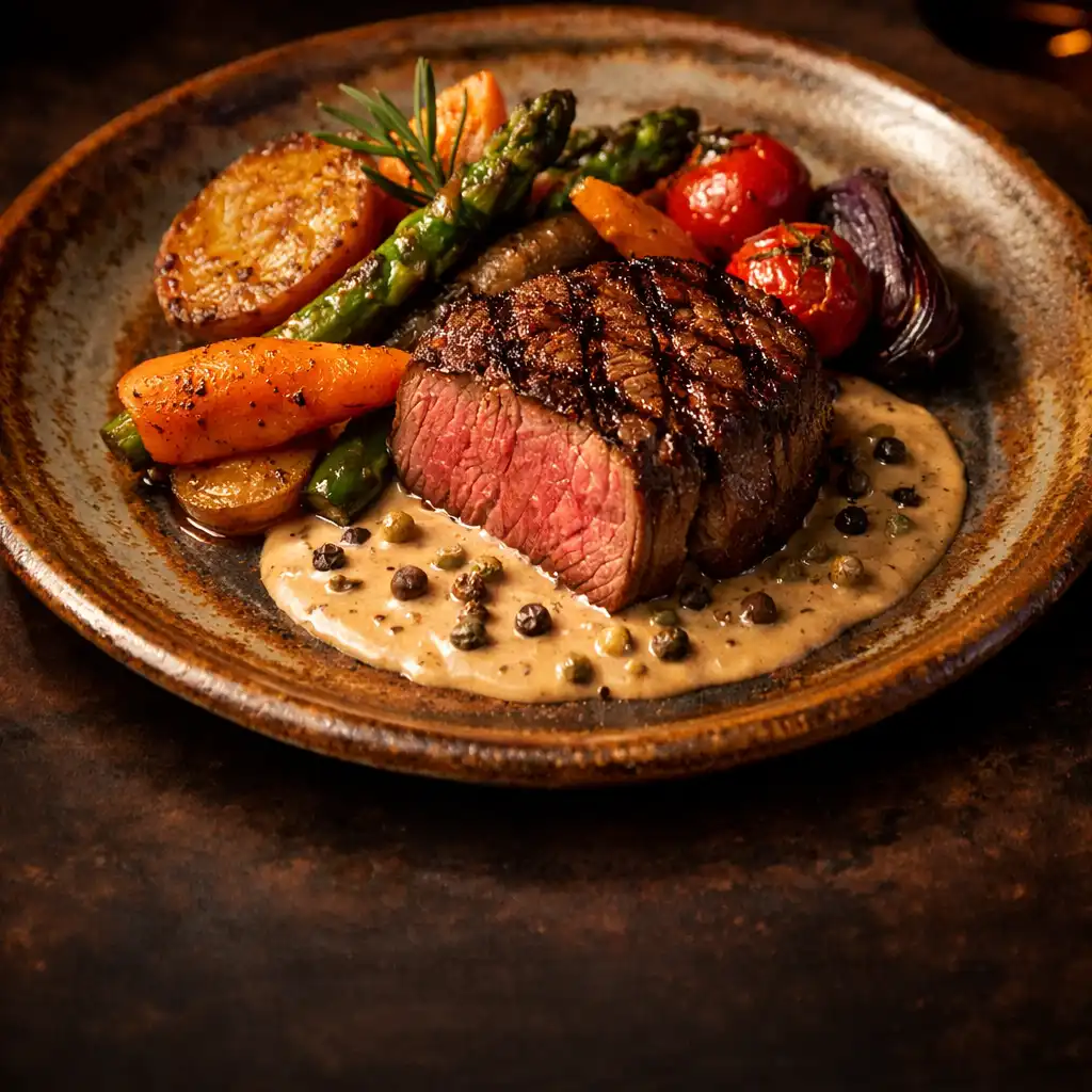 Filet de bœuf grillé avec légumes rôtis et sauce au poivre, présenté sur une assiette en céramique artisanale