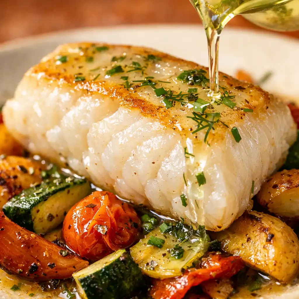 Gros plan sur un filet de poisson nacré posé sur des légumes rôtis, nappé d'un jus clair aux herbes