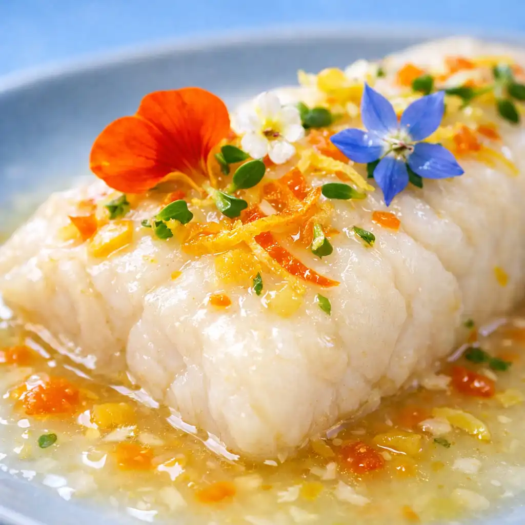 Filet de poisson blanc cuit à la vapeur, nappé d'un jus clair aux agrumes avec des touches de couleur vive