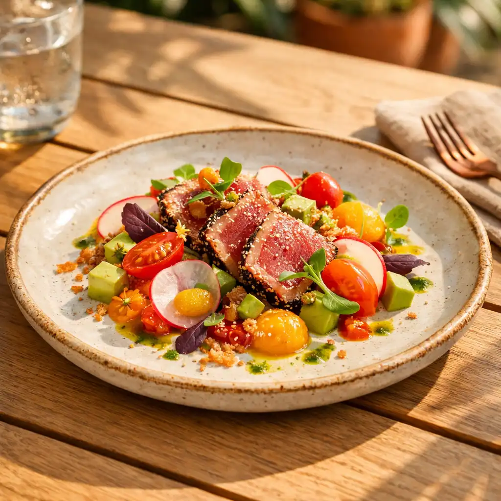 Plat contemporain élégant posé sur une table de terrasse en bois clair