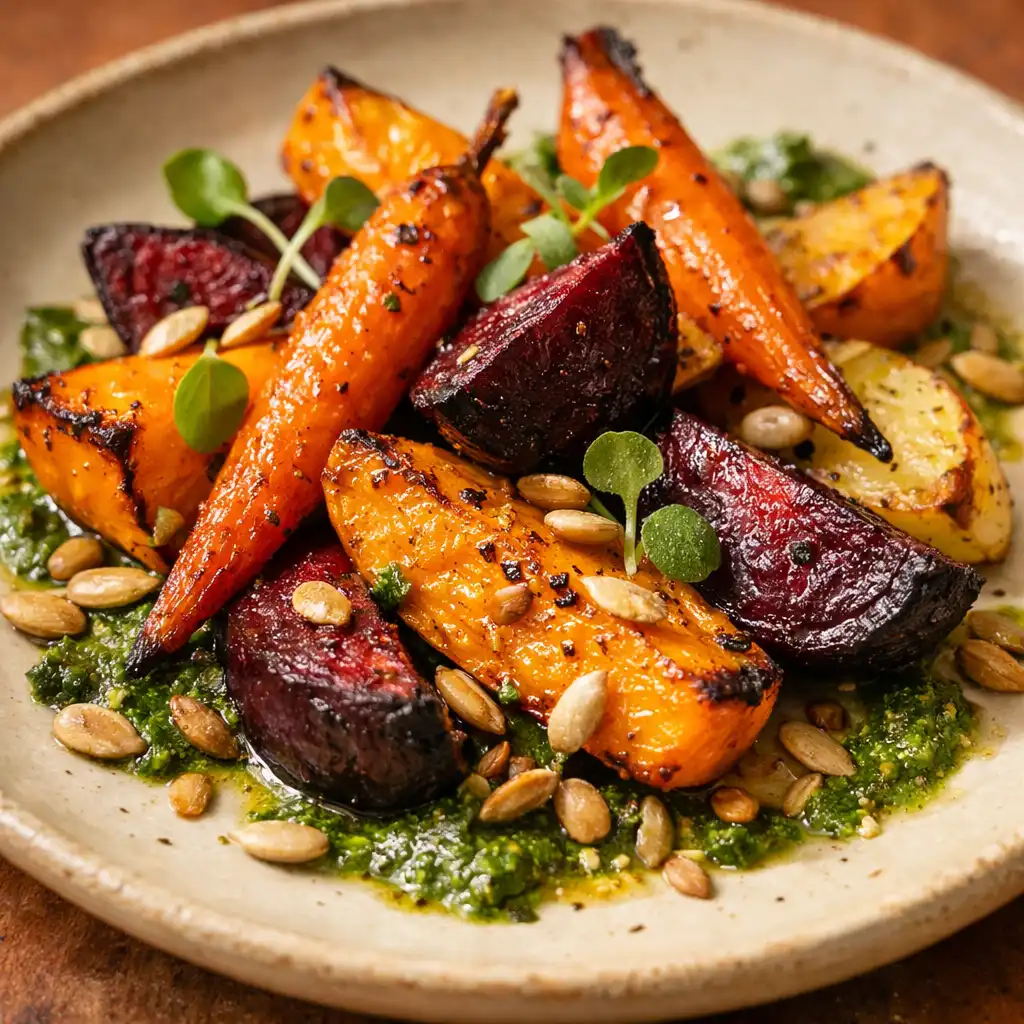 Plat végétarien avec des légumes de saison rôtis, sauce aux herbes et graines torréfiées