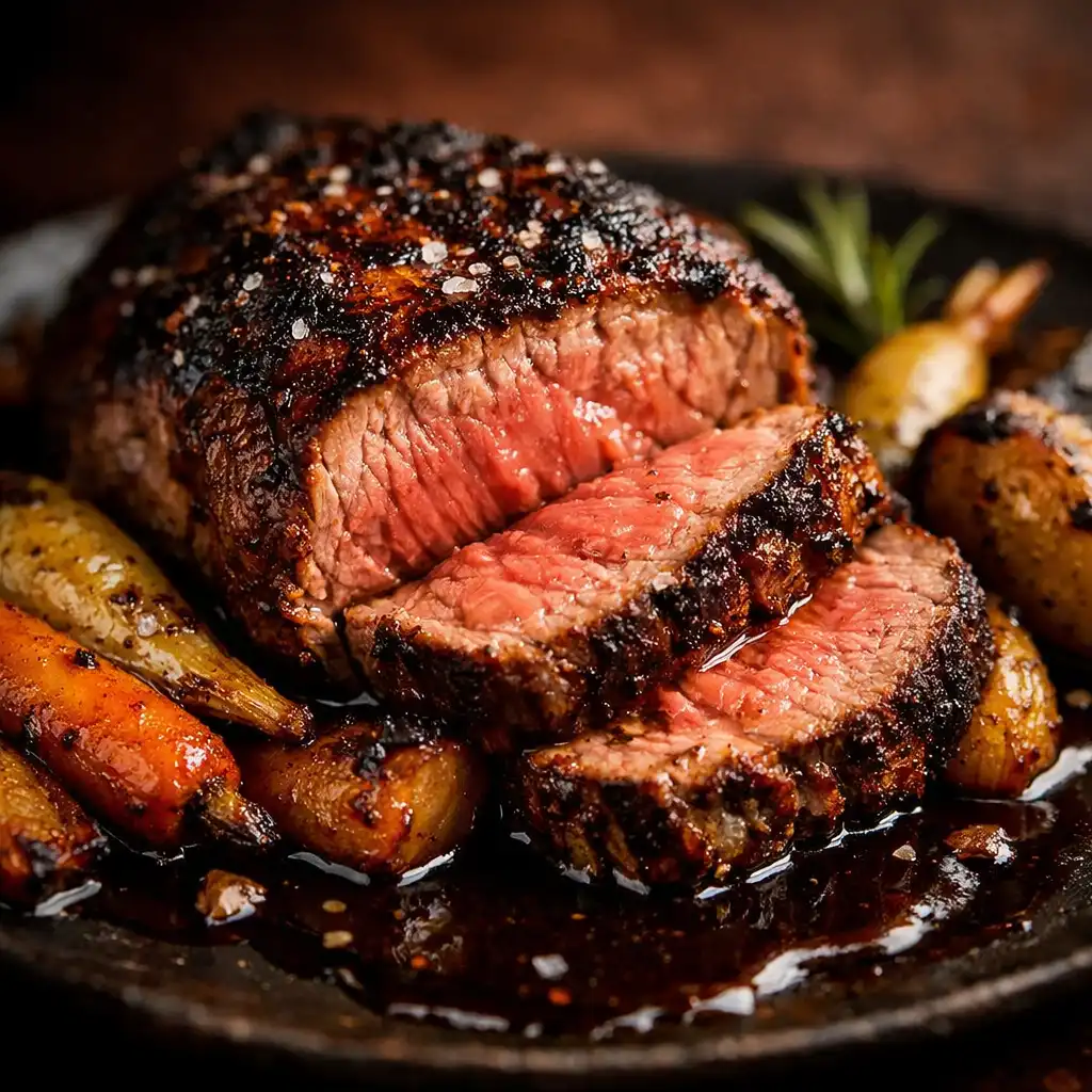Pièce de bœuf rôtie au feu de bois, tranchée pour révéler une cuisson rosée, accompagnée de légumes racines confits