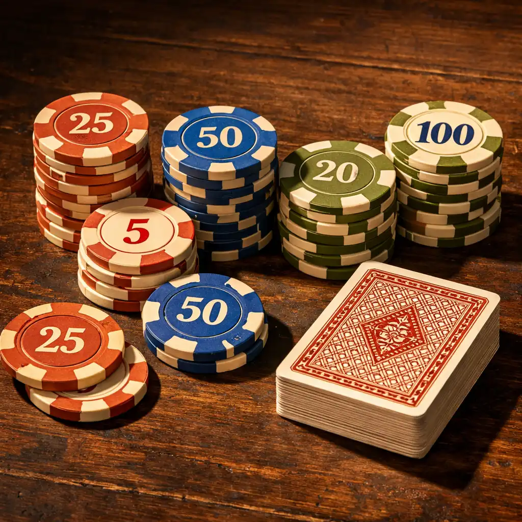 Jetons de poker en céramique de différentes couleurs et un jeu de cartes à jouer sur une surface en bois sombre