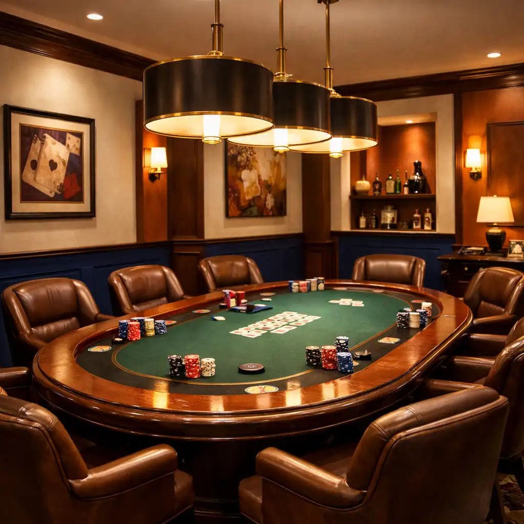 Intérieur feutré de la Poker Room avec une table ovale, des fauteuils en cuir et un éclairage suspendu chaleureux