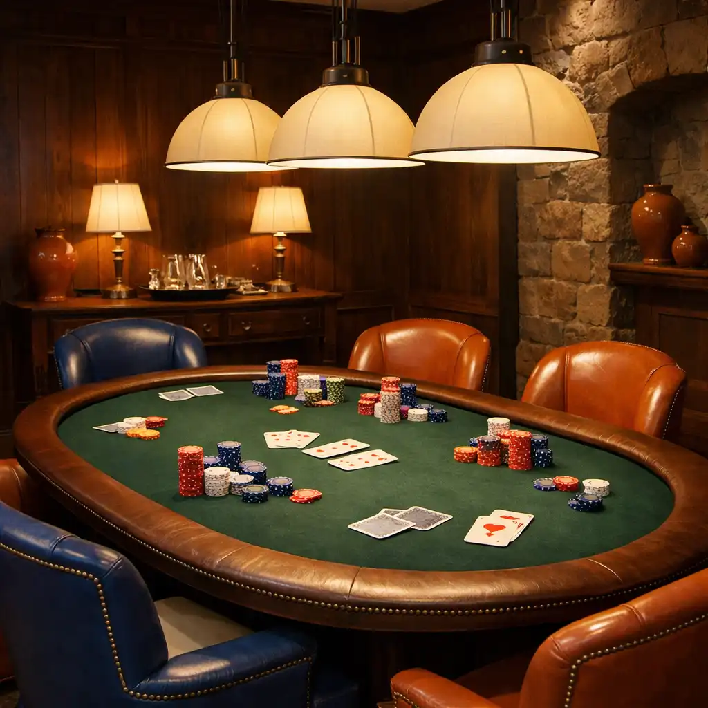 Salle de poker élégante avec table ovale, cartes et jetons, éclairage tamisé