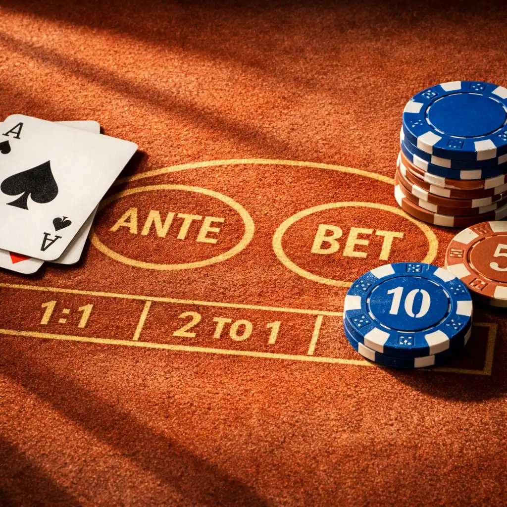 Gros plan sur le tapis de feutre d'une table de poker avec des cartes et des jetons