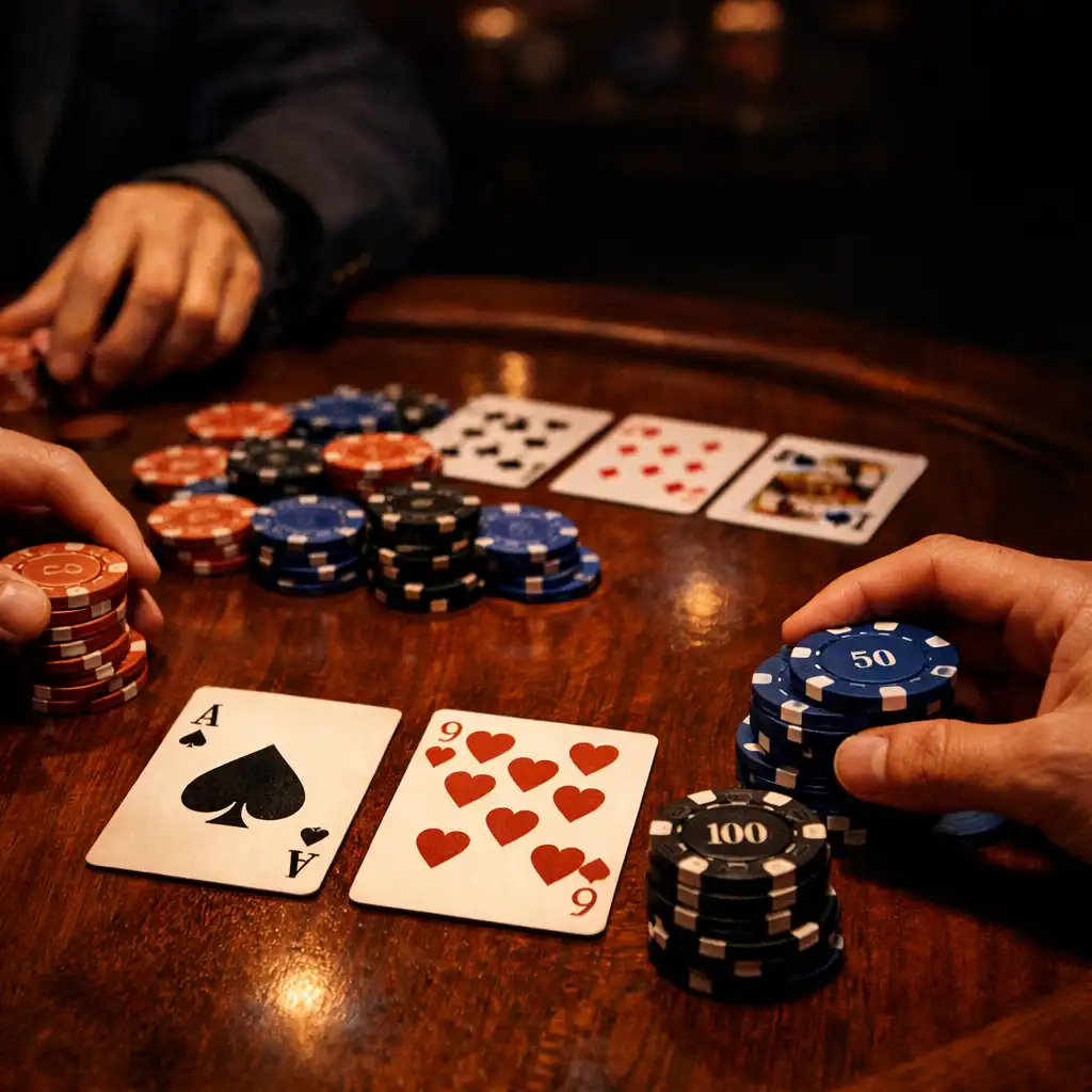 Table de poker en bois massif avec cartes à jouer, jetons en céramique et mains de joueurs en train de miser