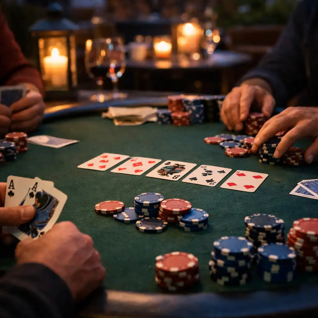 Table de poker physique sur la terrasse en soirée avec cartes réelles et jetons