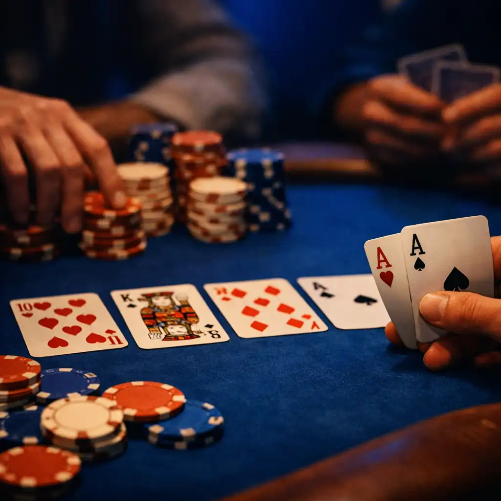 Table de poker physique en très gros plan, cartes, jetons et mains de joueurs