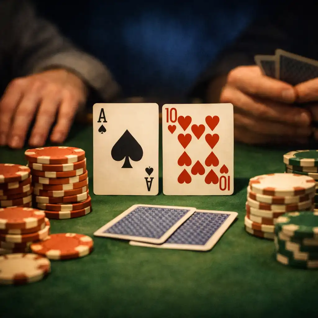 Gros plan sur une table de poker physique avec des cartes à jouer, des jetons et des mains de joueurs sans visage