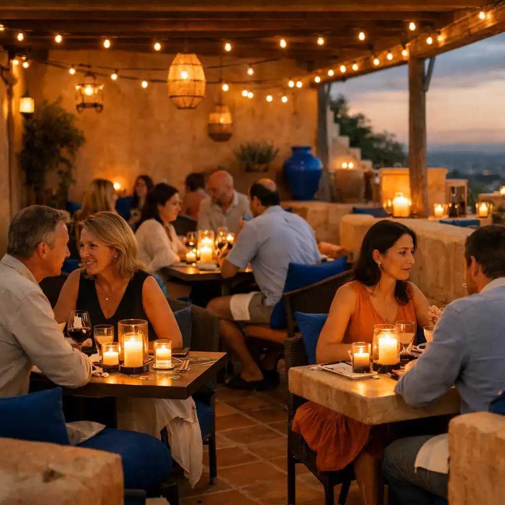 Terrasse animée en fin de journée avec guirlandes lumineuses et convives attablés