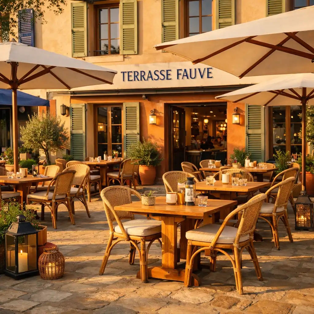 Terrasse du restaurant avec tables en bois, parasols et lumière de fin d'après-midi