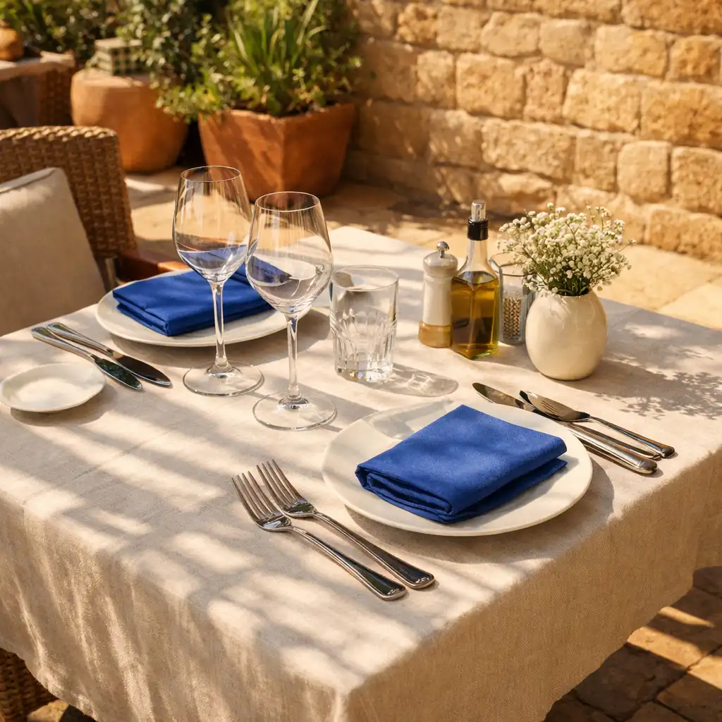 Table de restaurant dressée sur la terrasse ensoleillée de Terrasse Fauve