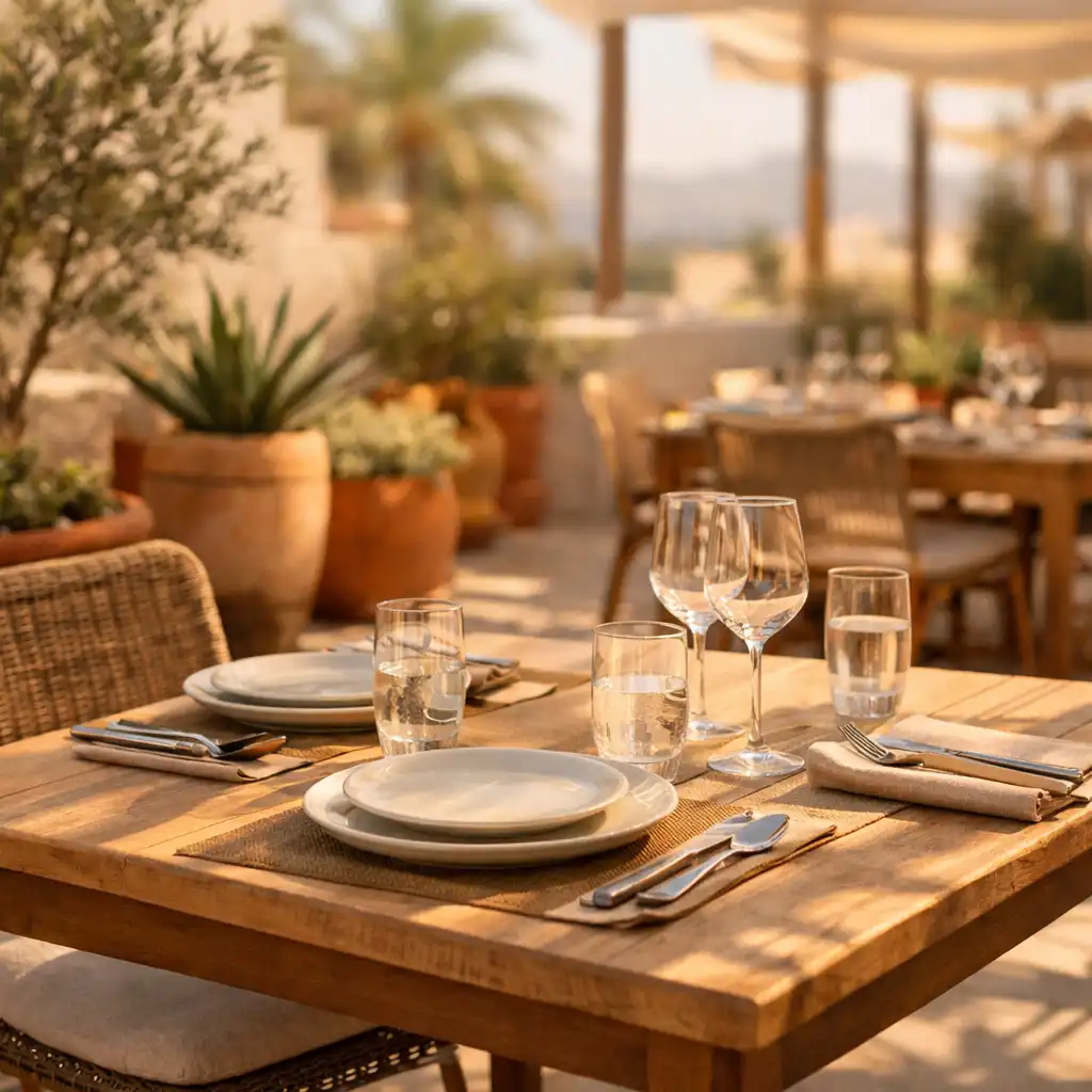 Terrasse de restaurant baignée de lumière naturelle oblique avec des tables dressées