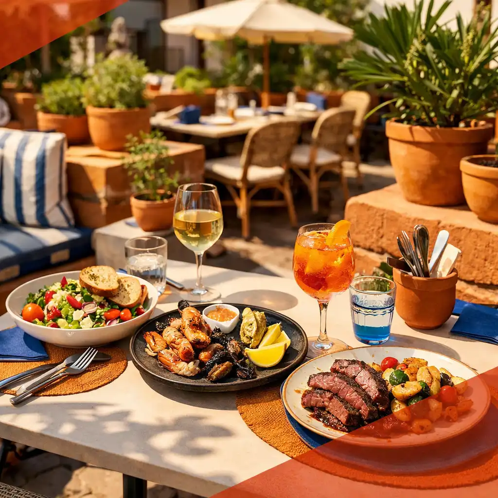 Terrasse du restaurant avec des plats dressés sur une table, ambiance conviviale et ensoleillée